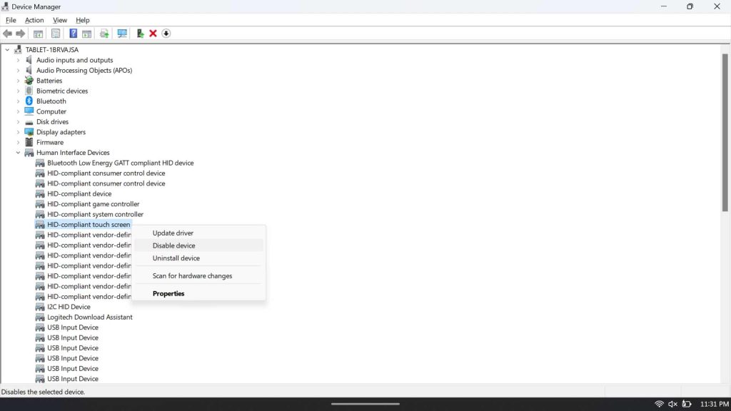 device manager disable touch screen
