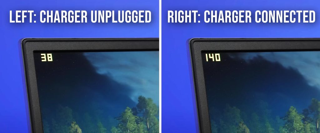 Gaming laptop FPS with charger unplugged compared to charger connected